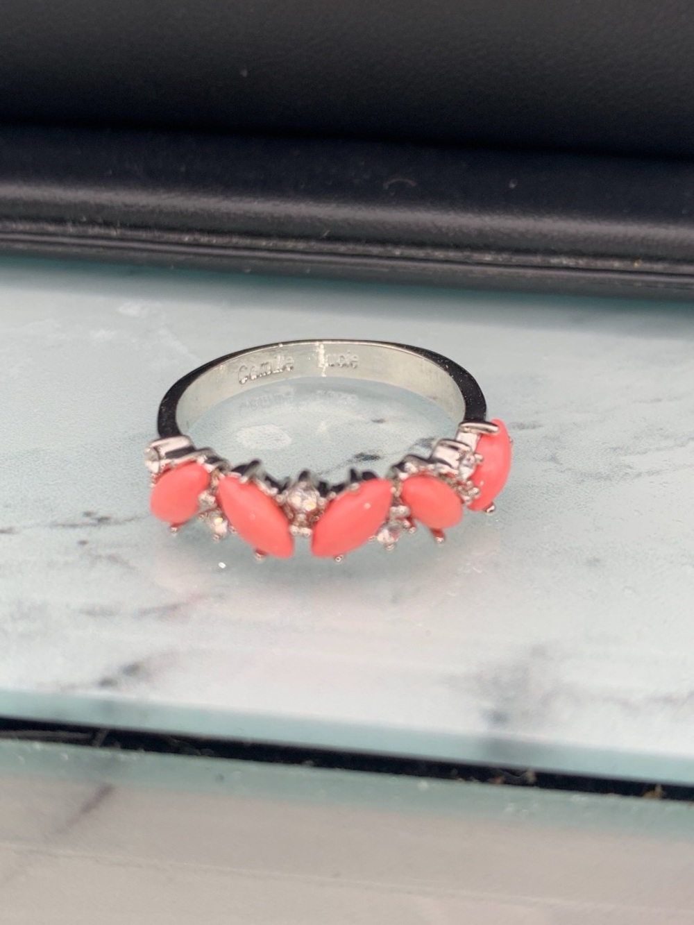 Camille Lucia Silver Tone Ring  with Coral Pink Marquise Stones Accent Crystals